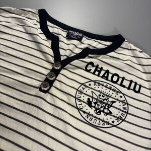 CHAO LIU‎ Revenge Panther Striped T-Shirt Button Up Short Sleeve Mens